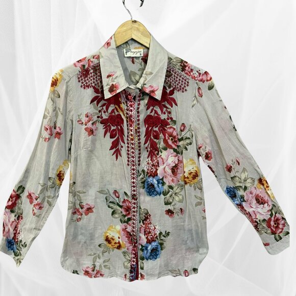 Cotton Floral Embroidered Button Front Blouse Small - Boho Cottagecore Top - Picture 1 of 9